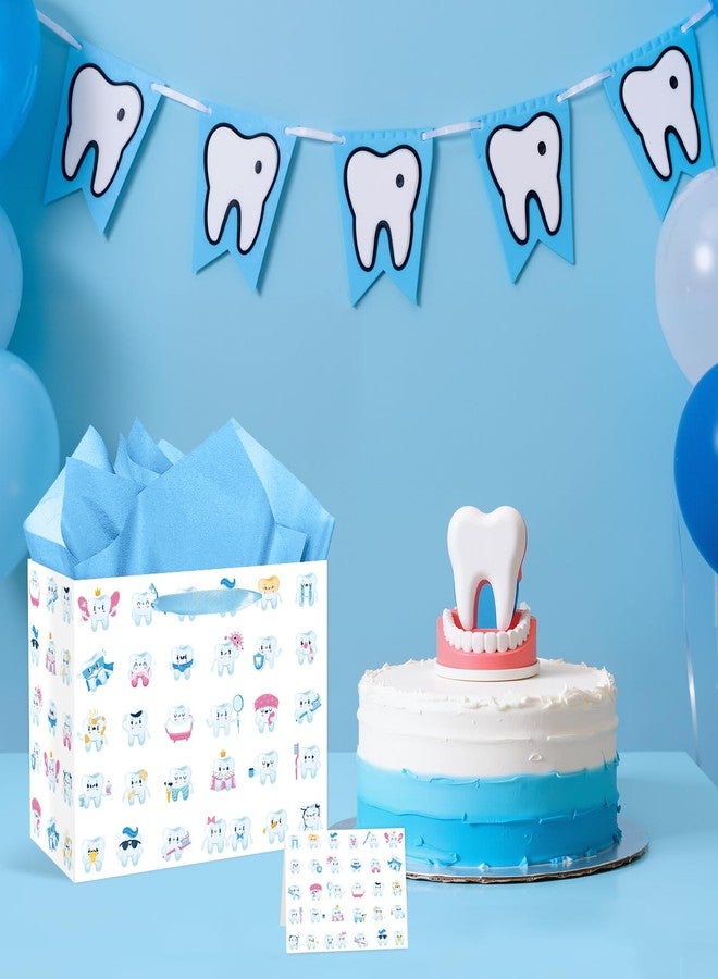 Wayyogh Tooth Party Gift Bag Cartoon First Tooth Decorations Gift Bag with Tissue Paper Greeting Card for Baby's First Tooth Fairy Birthday Clinic Party Baby Shower Oral Health Week Decorations Decor Supplies - Image 4